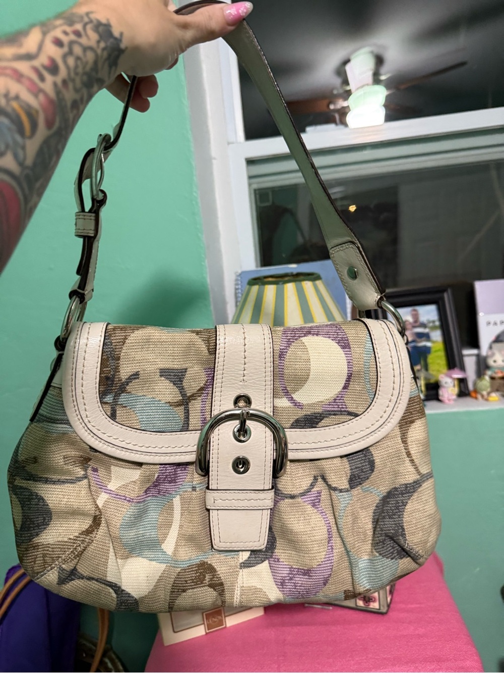 Coach Beige Canvas Shoulder Bag with Multicolor Circle Print vintage Y2K soho